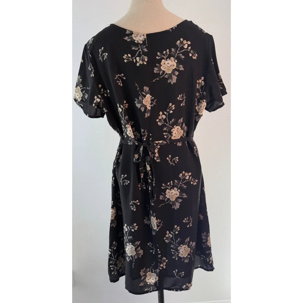 Vintage 90s Valerie Stevens Pure Silk Black Floral Mini Dress Button Front 8 - Picture 3 of 8